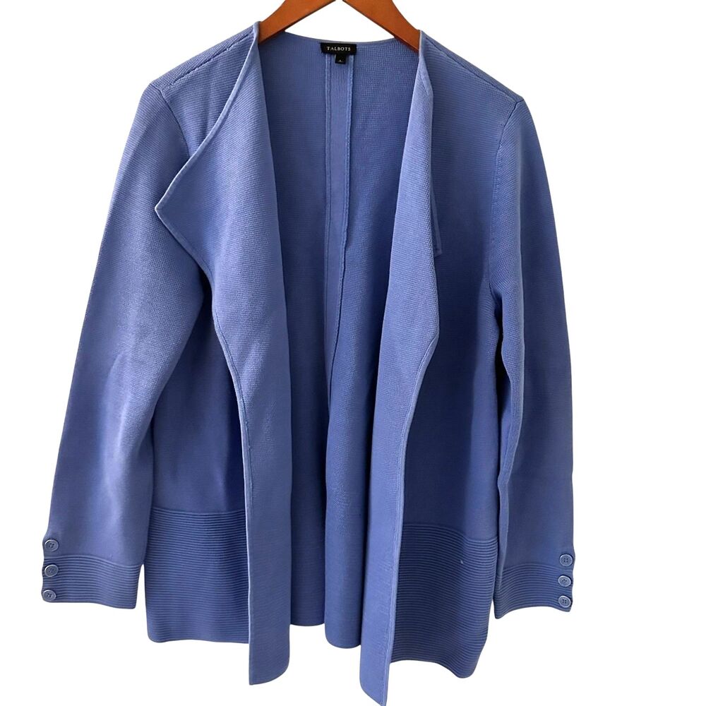 Talbots Womens Blue Knit Open Thick Rayon Ribbing Cardigan Sweater Size L